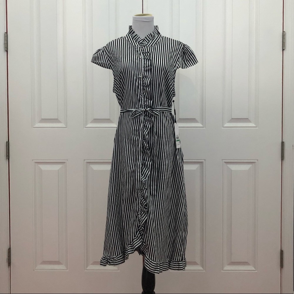 NWT Calvin Klein Striped Ruffled Midi Dress L